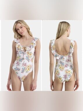 Jessica Simpson White Floral Ruffle One-Piece Swimsuit